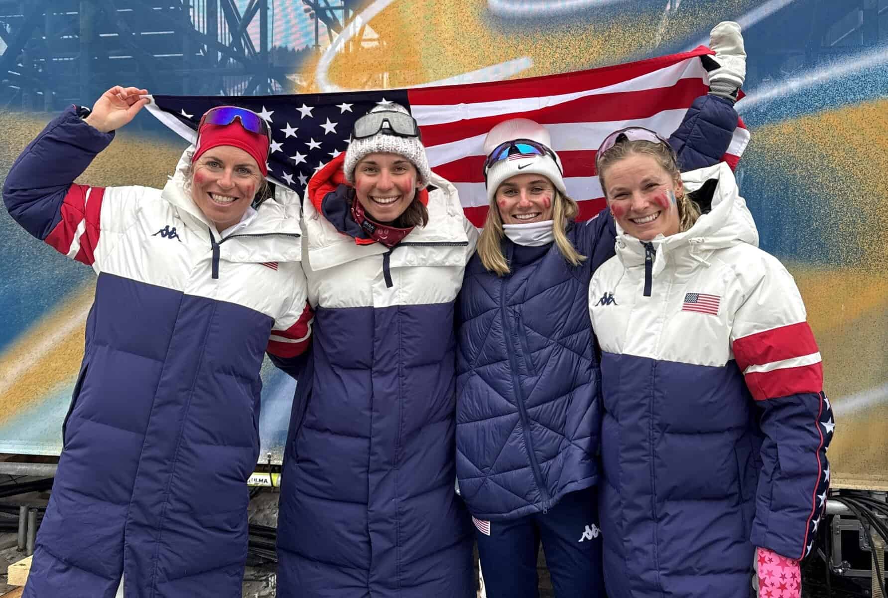 Dressed in rally socks and face paint, US women’s relay team skis to a program-tying 5th-place finish at the Olympics